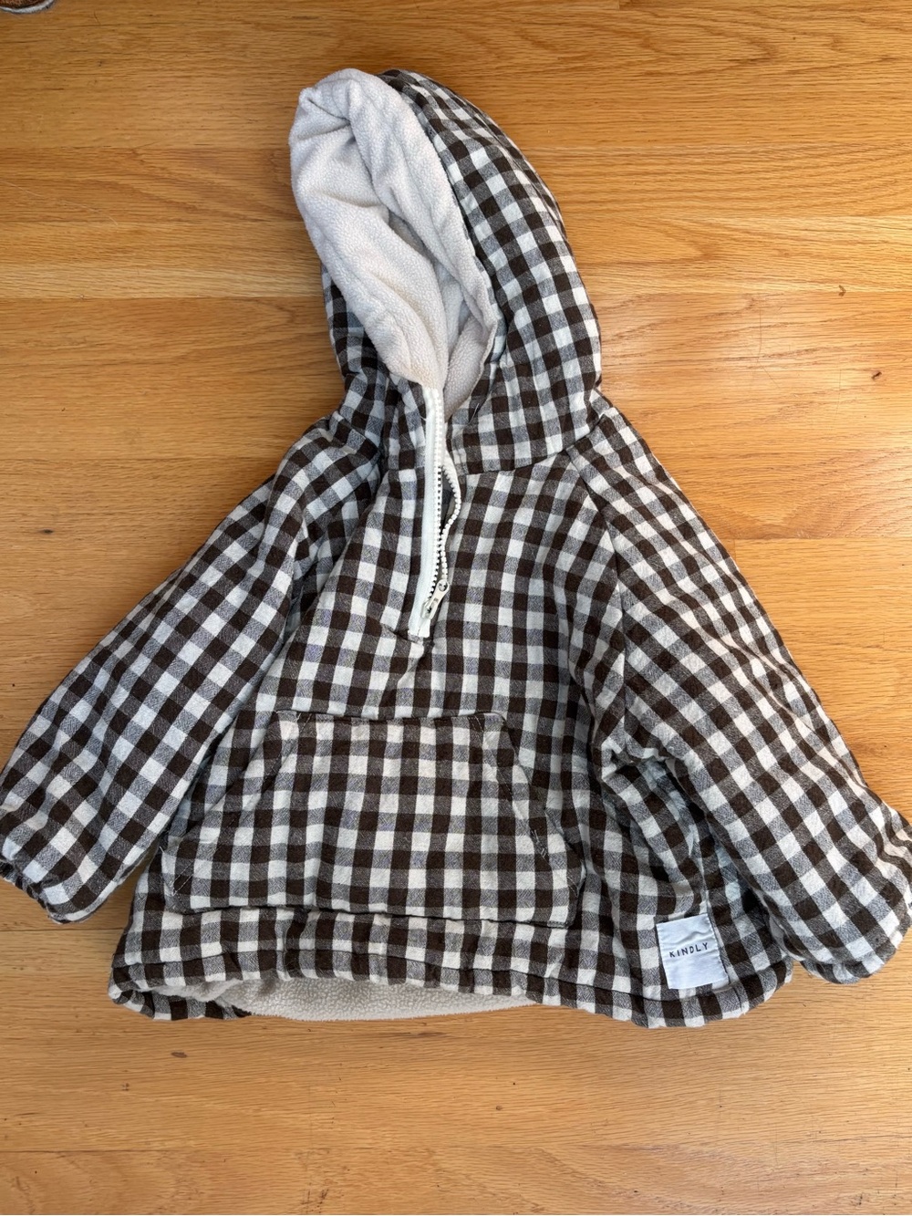 Brown & White Check Hooded Puffer Jacket - Kids